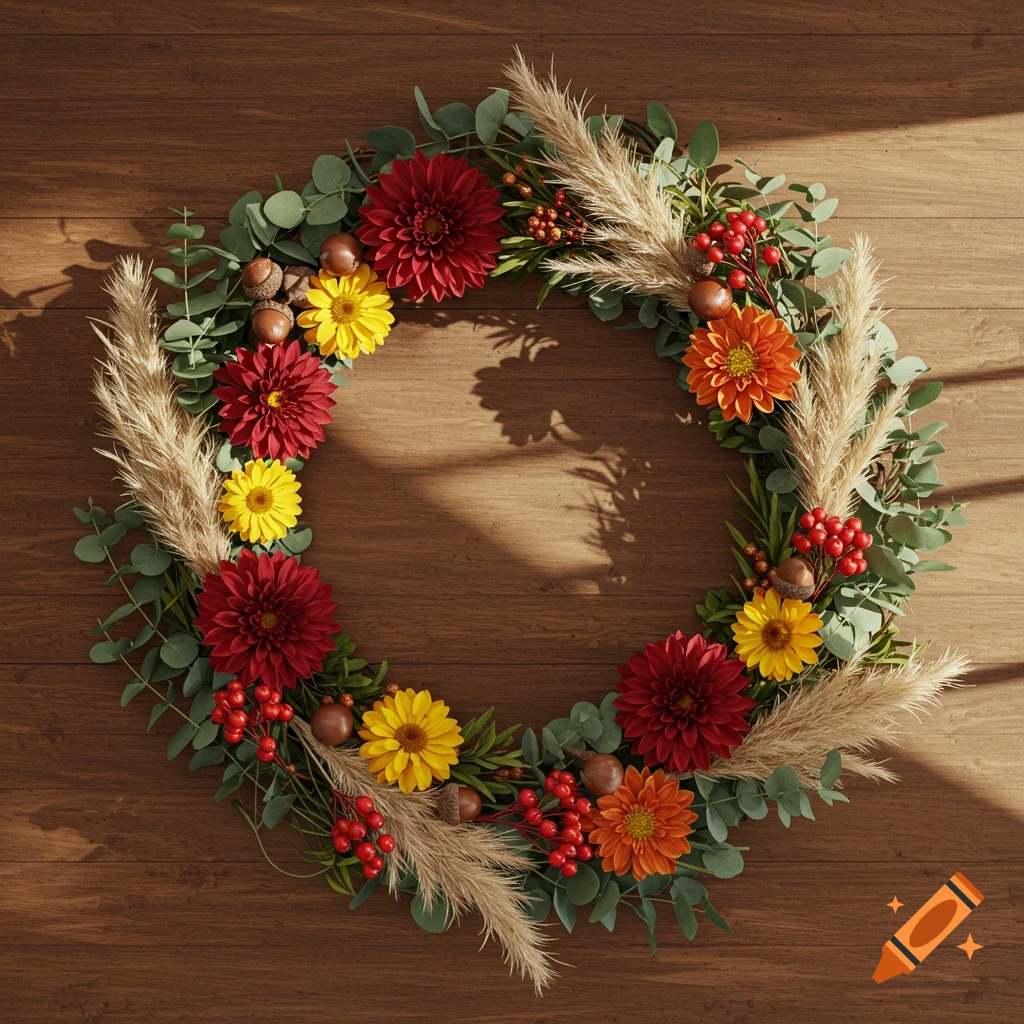 A top-down view of a colorful fall wreath with red, yellow, and orange flowers, berries, acorns, and pampas grass on a wooden surface.