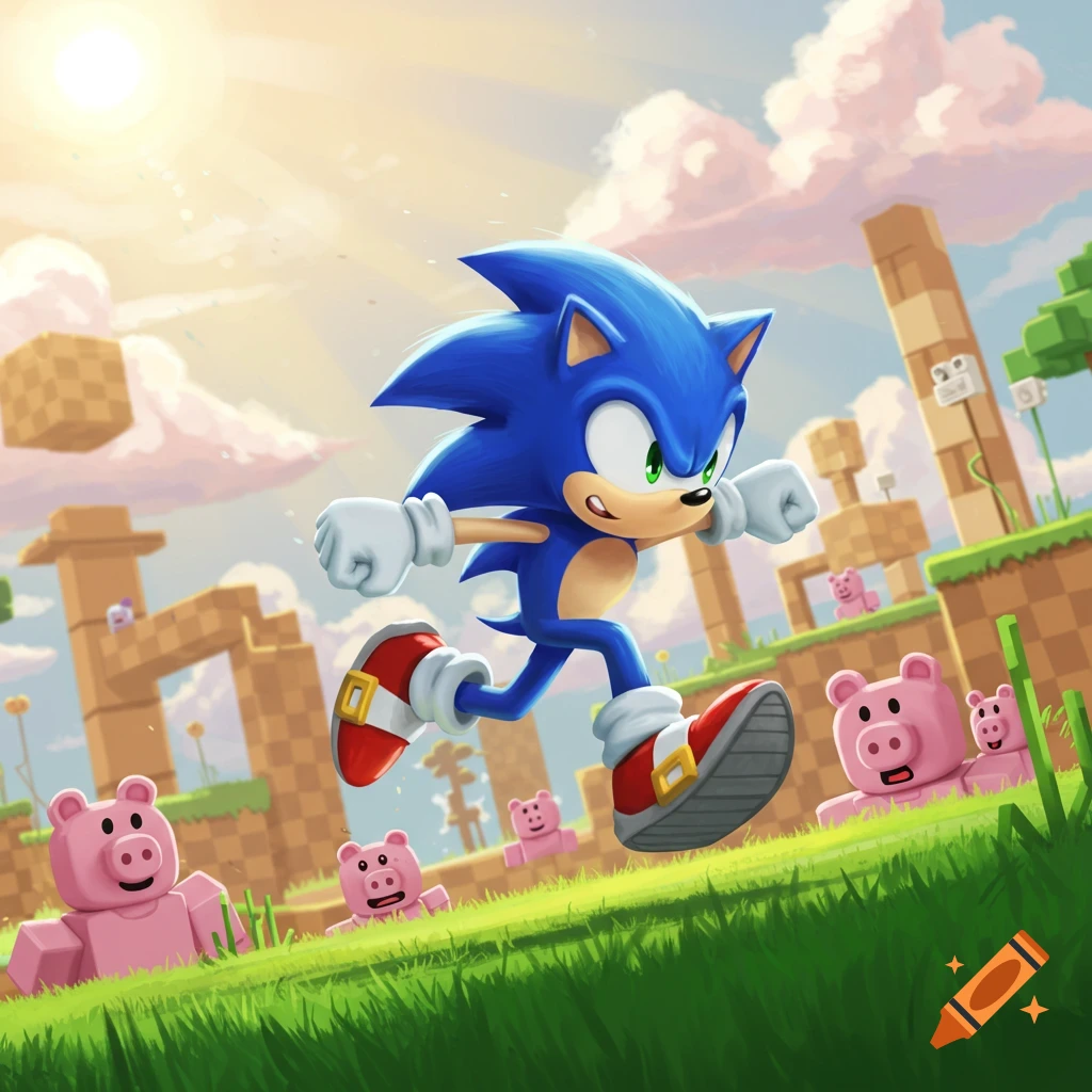 Sonic the Hedgehog runs through a vibrant, blocky landscape with pig characters under a sunny sky, blending game styles.