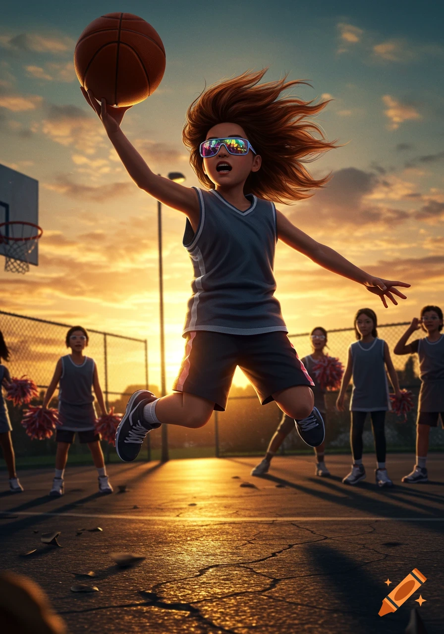 A stylized illustration of a girl in sunglasses jumping to dunk a basketball at sunset on an outdoor court, with other kids in the background.