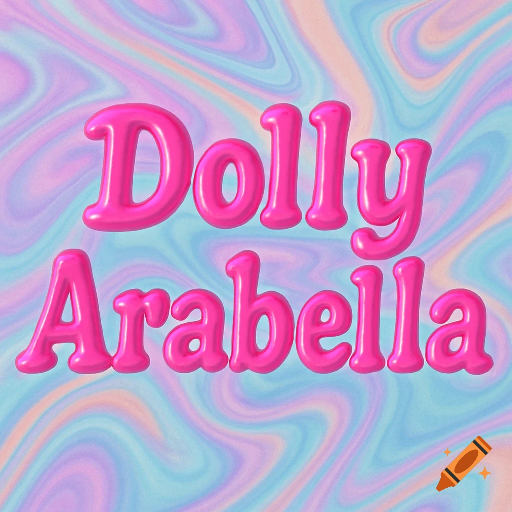 Shiny hot pink 3D bubble letters spelling "Dolly Arabella" on a pastel tie-dye marble background.