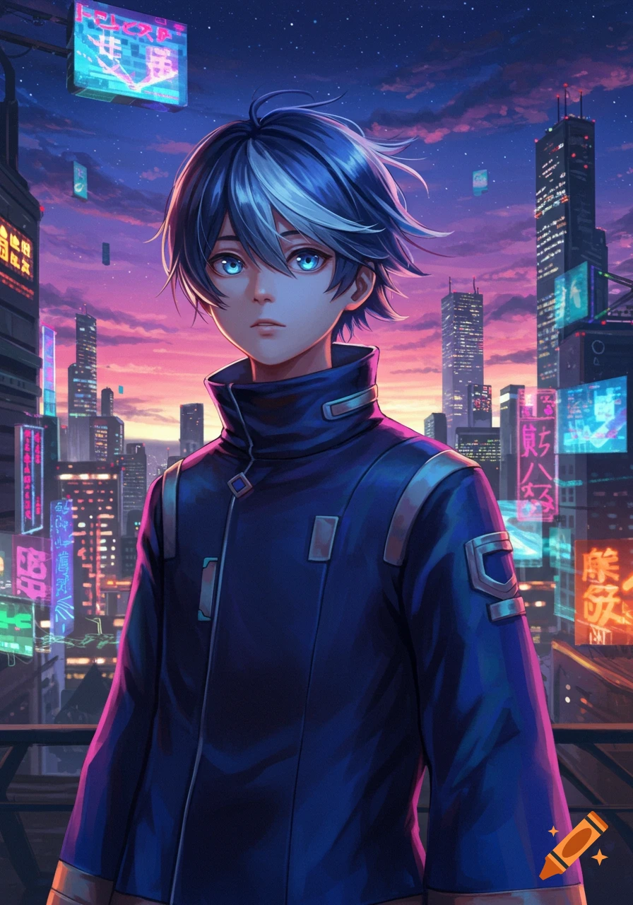 An anime boy with blue hair and glowing blue eyes stands in a futuristic city at sunset, surrounded by neon signs.
