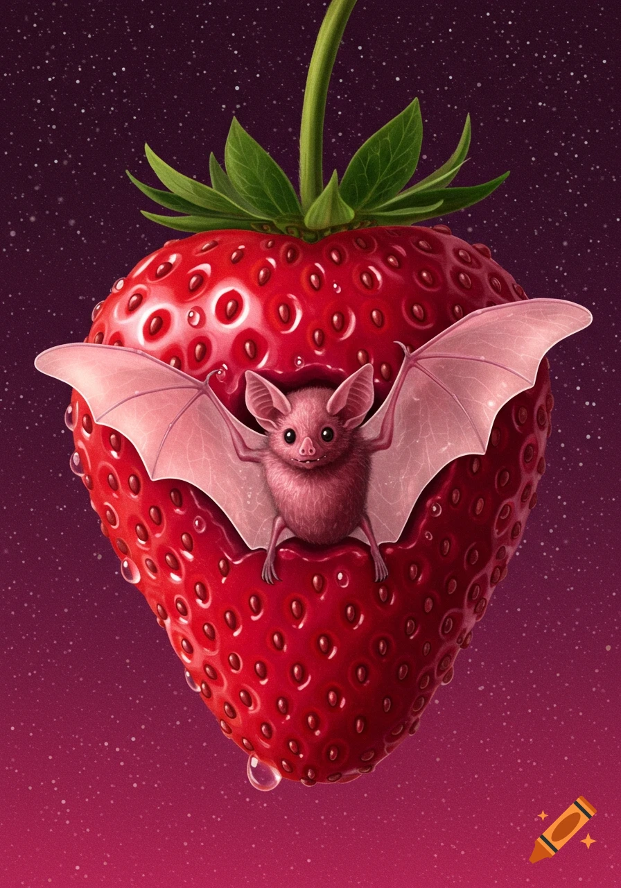 An illustrated pink bat with outstretched wings emerging from a large red strawberry against a starry pink and purple background.