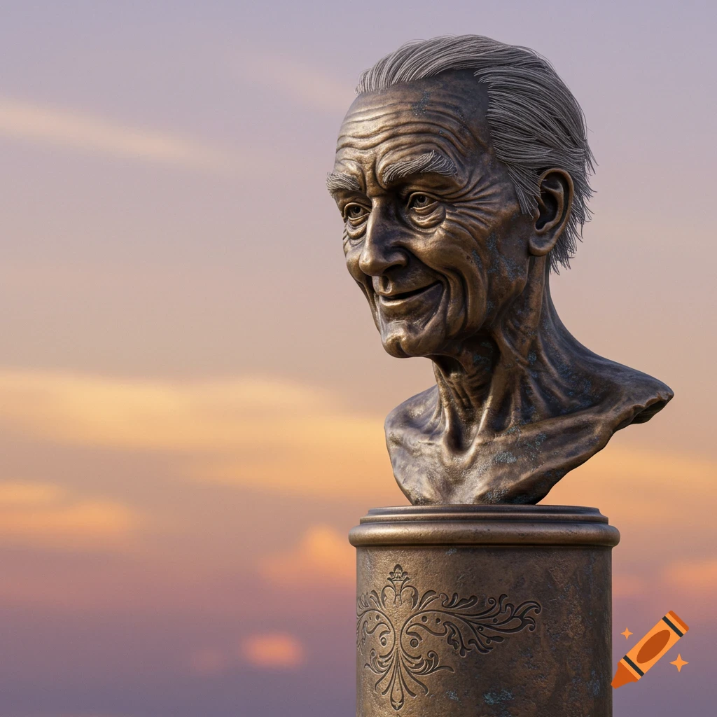 A bronze bust of an elderly man with a warm smile, featuring detailed wrinkles and hair, set against a soft sunset sky.