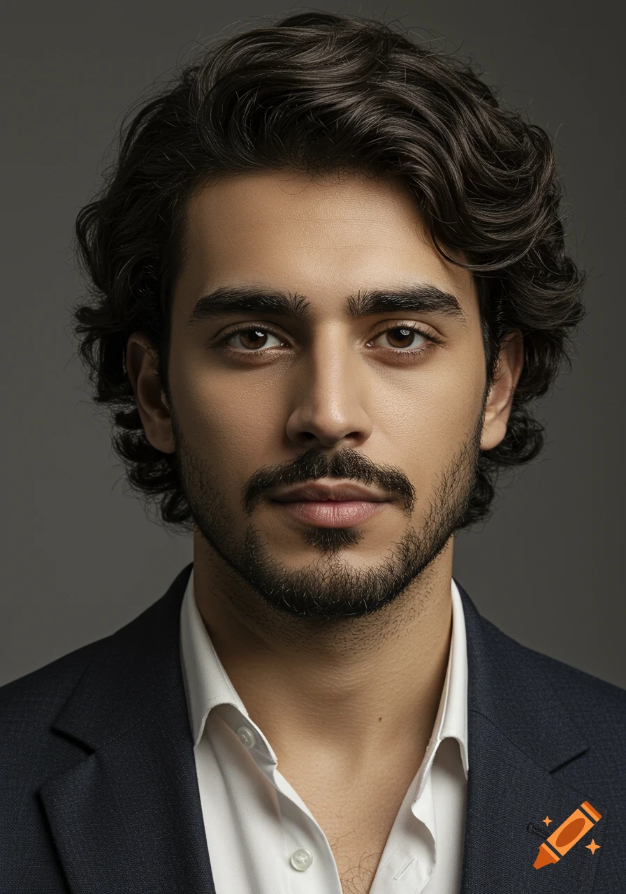 Photorealistic headshot of a young man with dark wavy hair and stubble beard, wearing a white shirt and blazer against a gray background.