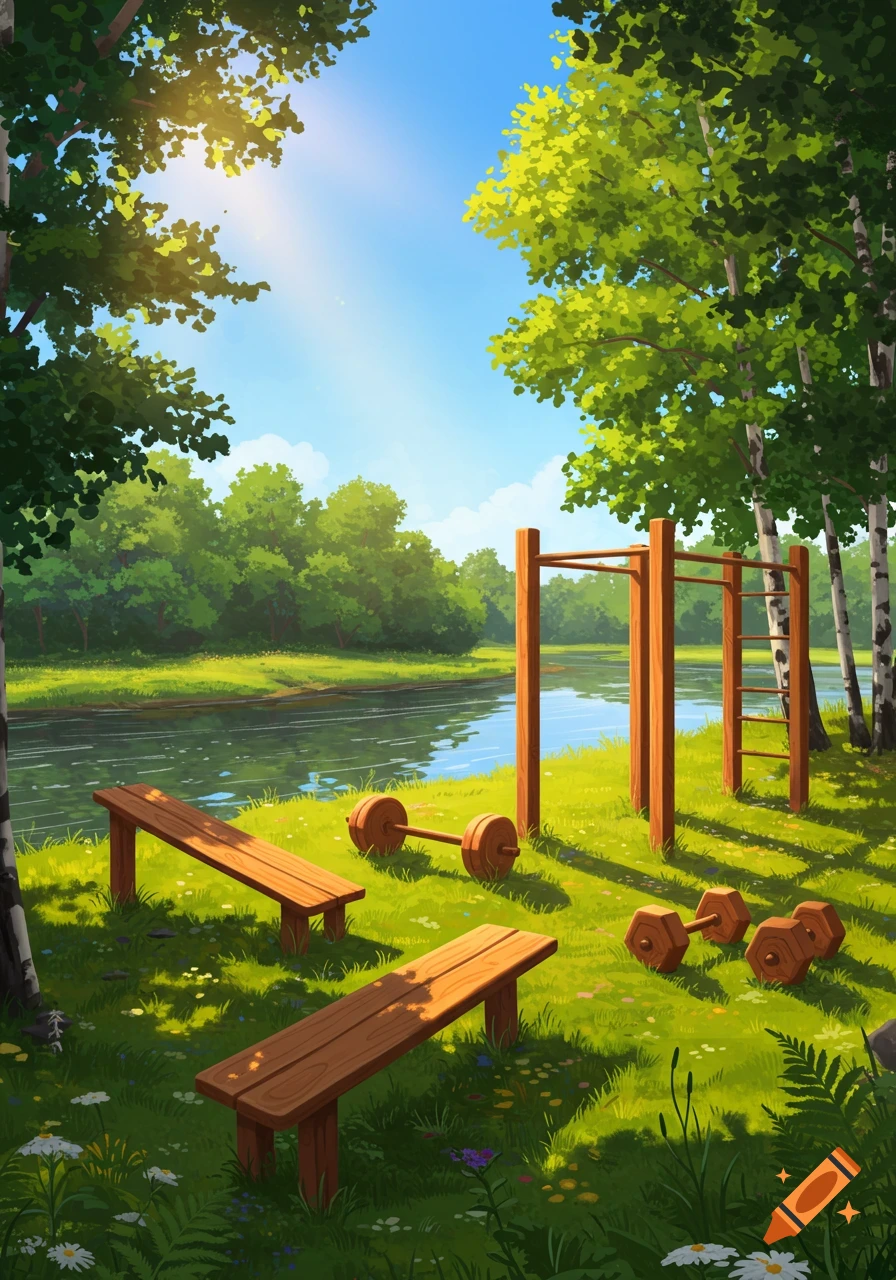 Illustrated outdoor gym with wooden equipment on green grass by a river in a sunlit forest under a blue sky.