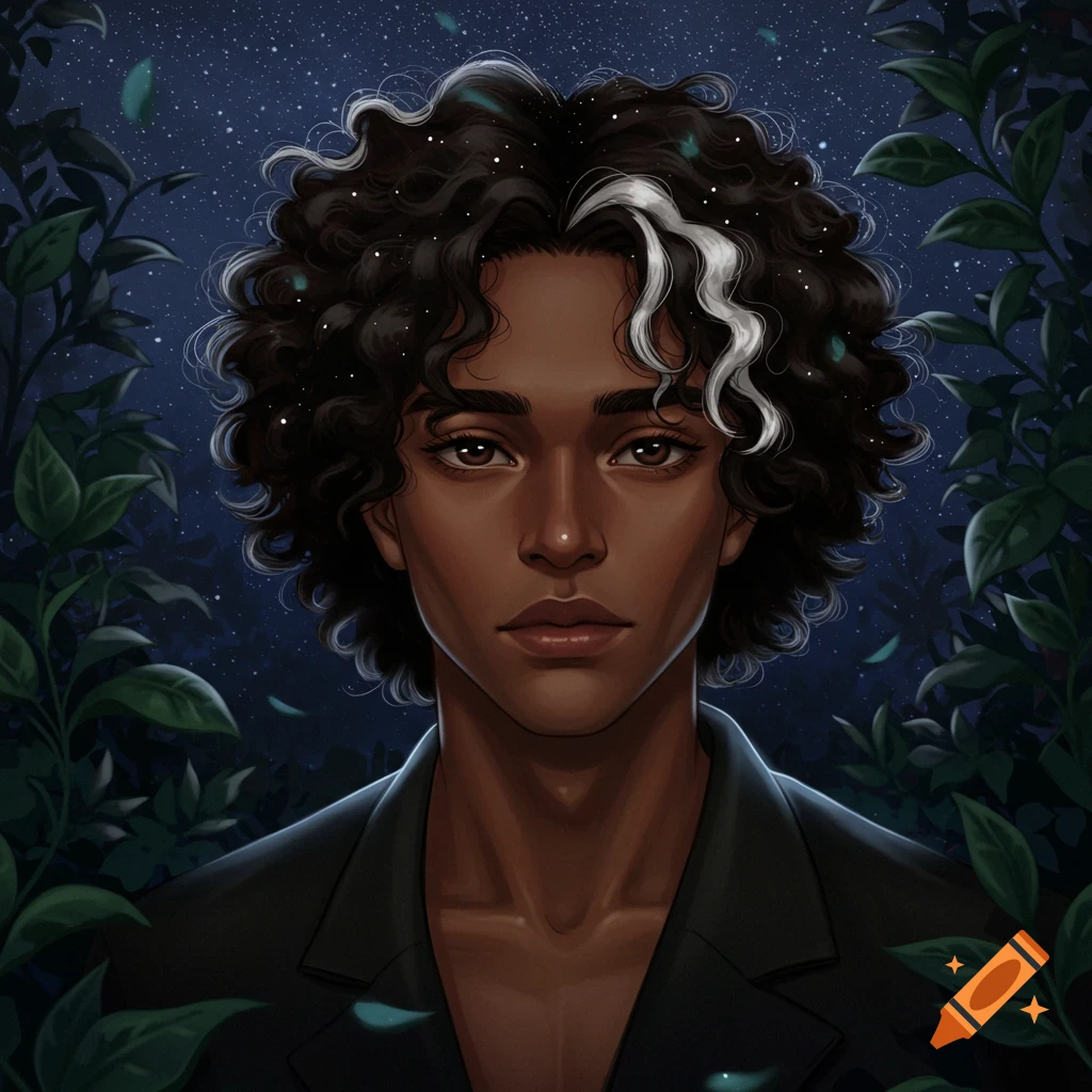 An attractive anime man with dark brown skin and curly black hair with a white streak, surrounded by green leaves against a starry night sky.