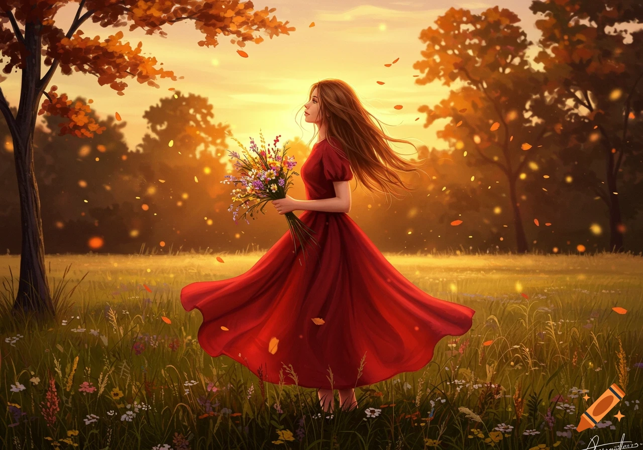 A long-haired girl in a flowing red dress stands in a wildflower field holding a bouquet at sunset, with autumn trees and falling leaves.