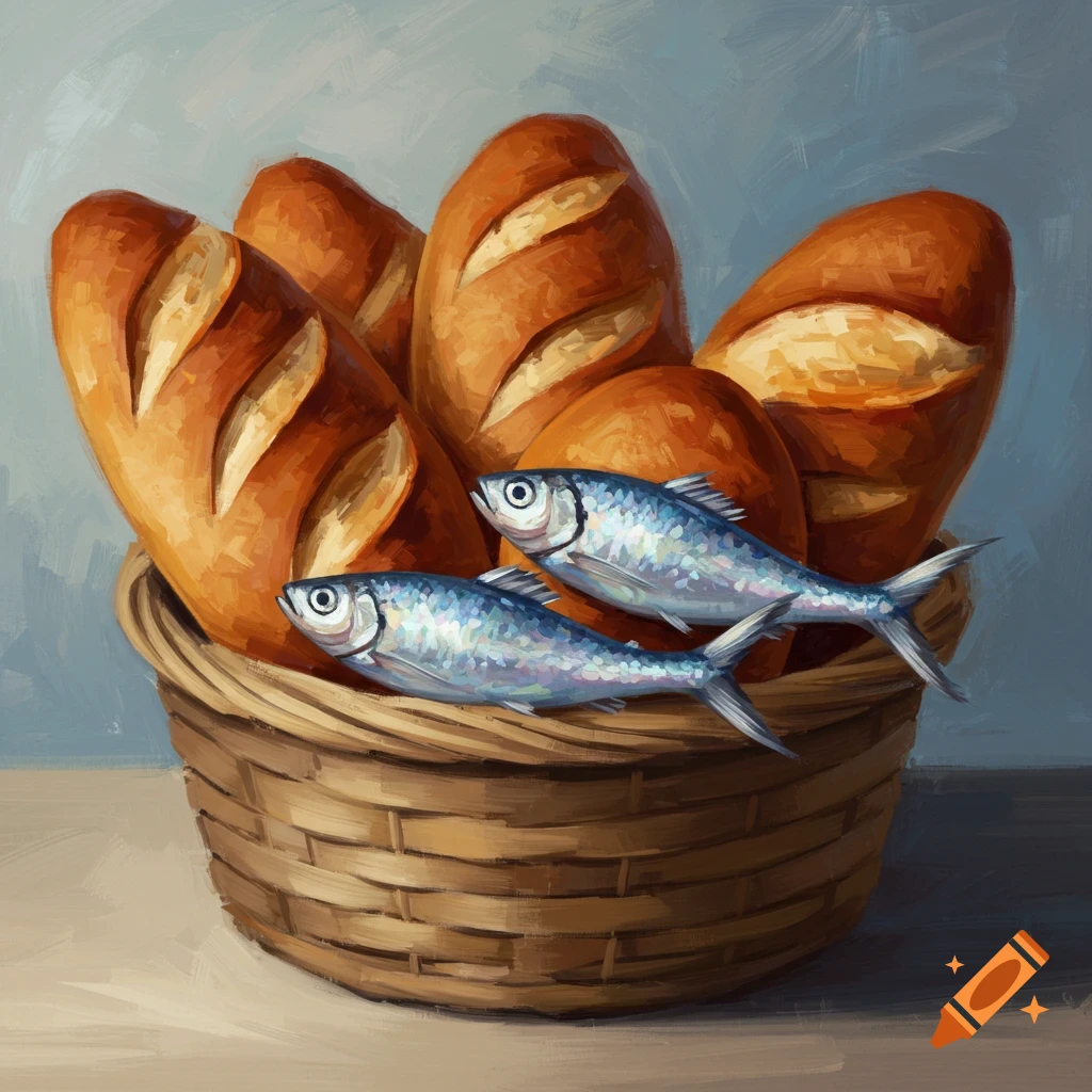 Abstract painting of a woven basket filled with golden-brown bread loaves and two silvery fish.