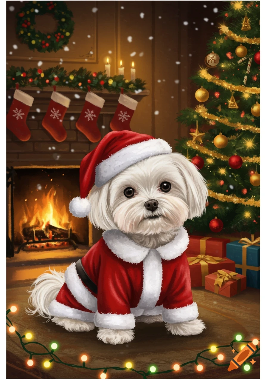 A cute Maltese dog in a Santa suit sits in a Christmas scene with a fireplace, stockings, tree, and presents.