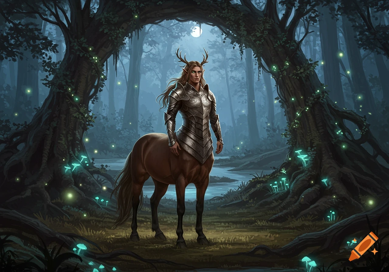 A male centaur with antlers and armor stands in a mystical, dark forest lit by glowing mushrooms and fireflies under a full moon.