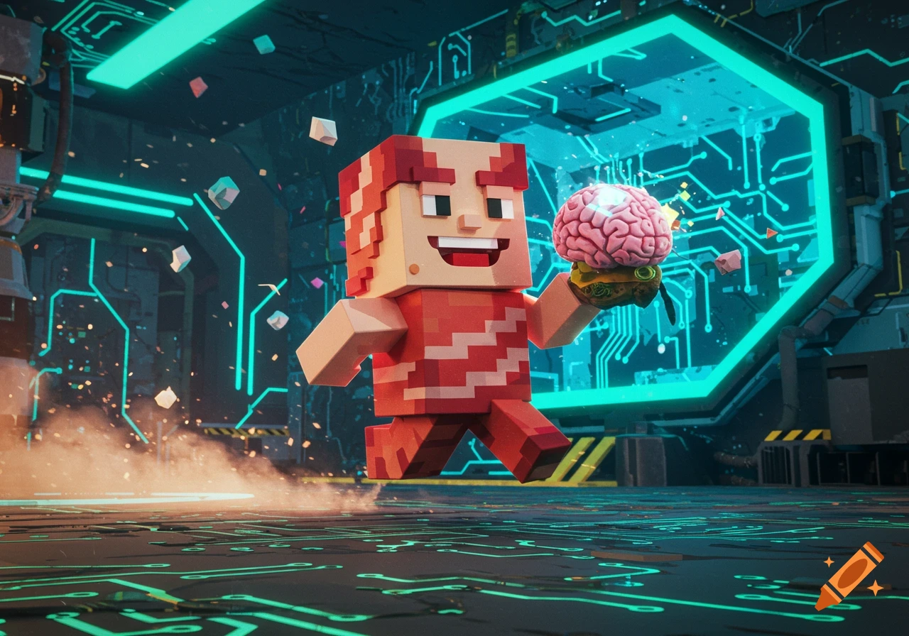 A blocky Roblox-style character with red and white striped clothing runs through a neon sci-fi base, holding a glowing pink brain.