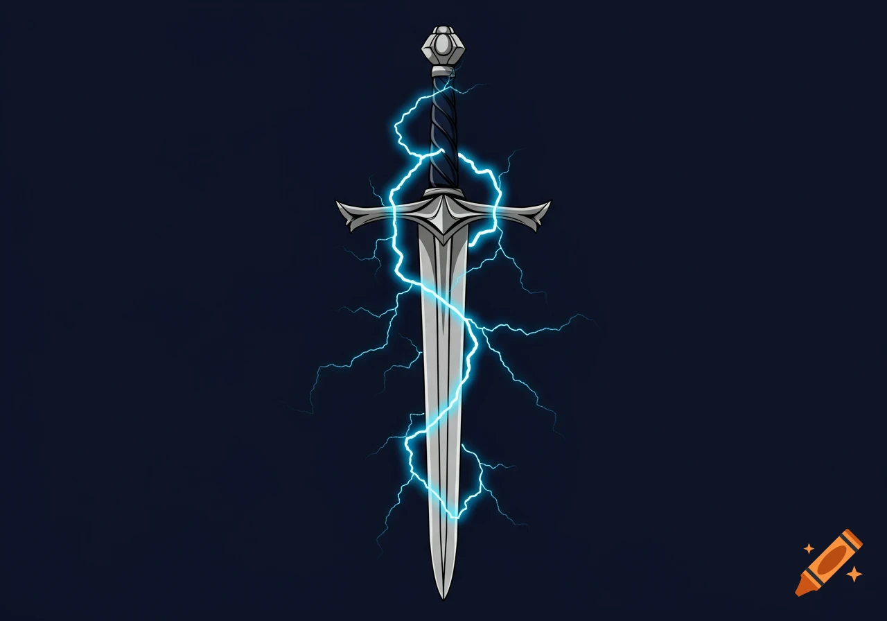 Stylized vector graphic of a sword wreathed in blue lightning against a dark background.
