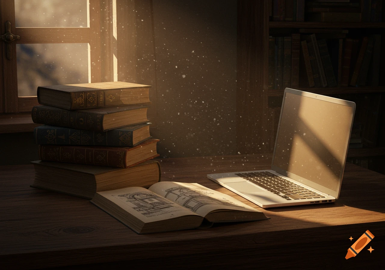 Sunlit desk with a stack of old books, an open book, and a laptop next to a window with dust motes in the light.