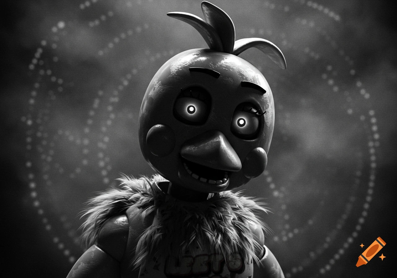 A black and white close-up of Toy Chica with glowing white eyes, a wide smile, and a feathered bib.