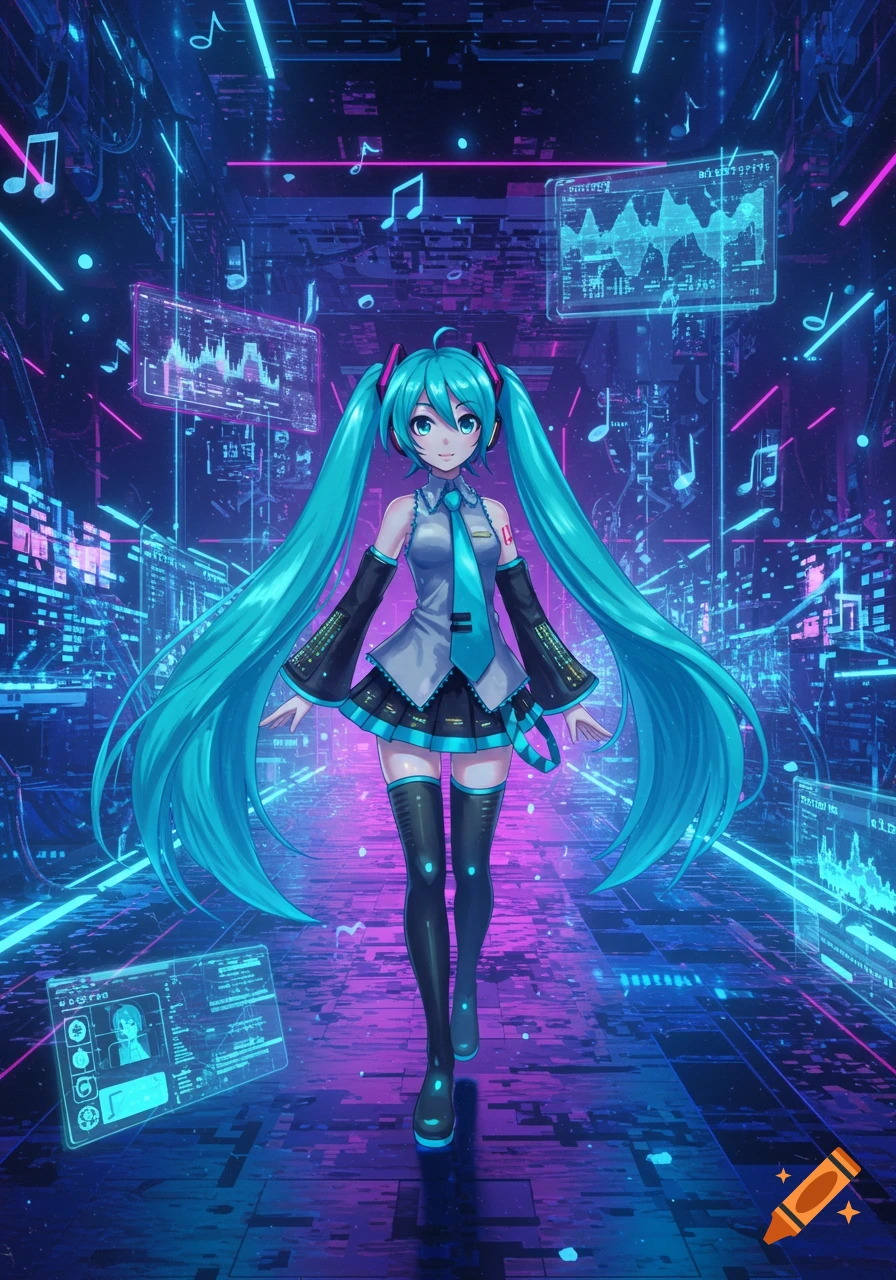 Hatsune Miku in a neon-lit cyberpunk virtual world with holographic displays and musical notes.