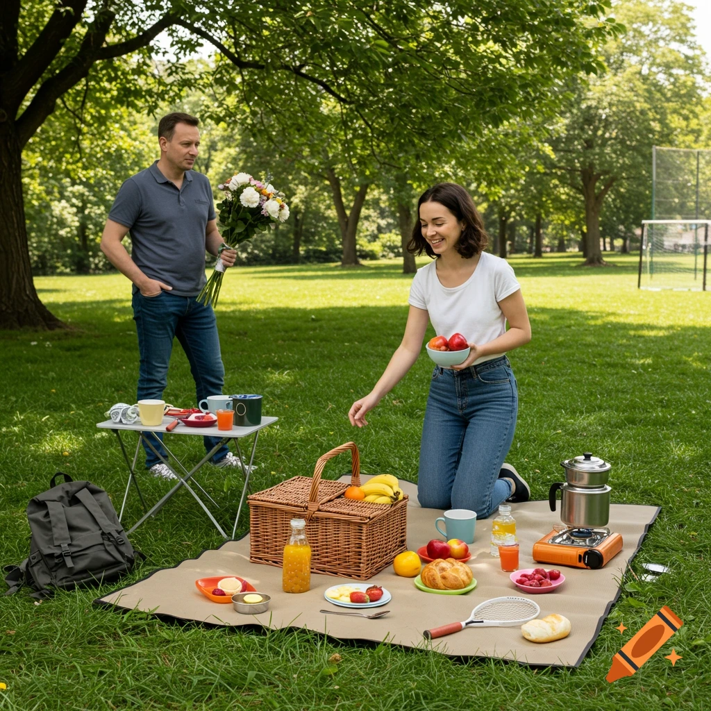 A man hands flowers to a smiling woman kneeling on a picnic blanket with a basket and food in a sunny park.