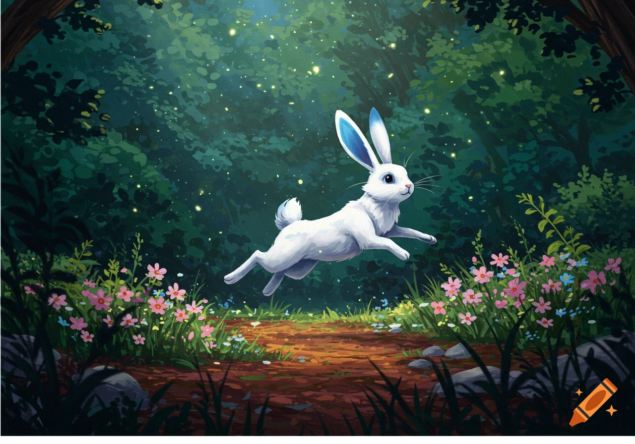 A whimsical white bunny with blue ears leaps through a magical forest with pink and blue flowers and glowing fireflies.