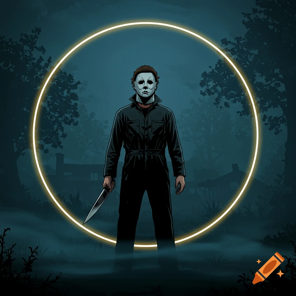Animated illustration of Michael Myers holding a knife, standing inside a glowing yellow circle in a dark, misty forest.