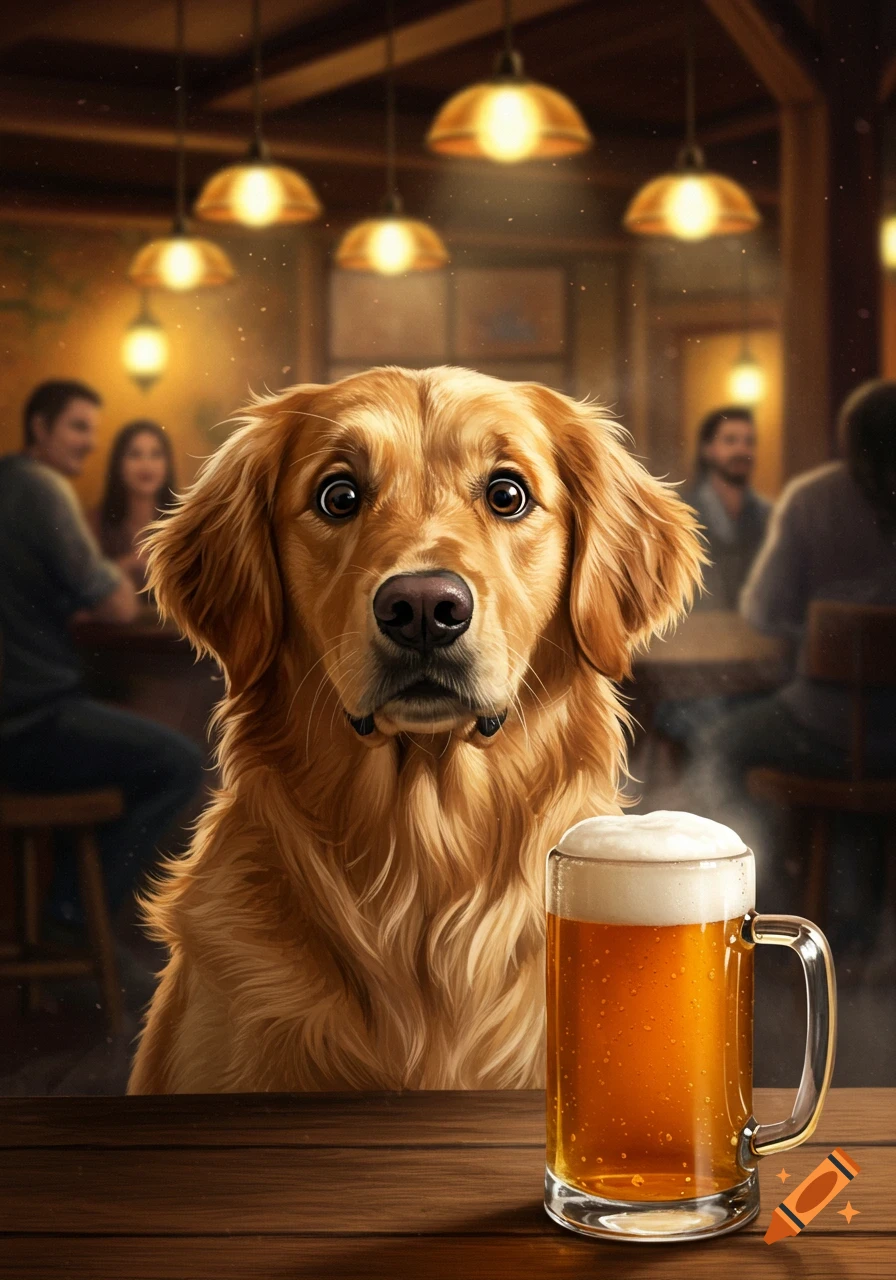 A Golden Retriever with wide eyes looks over a wooden bar counter next to a foamy mug of beer in a dimly lit pub.