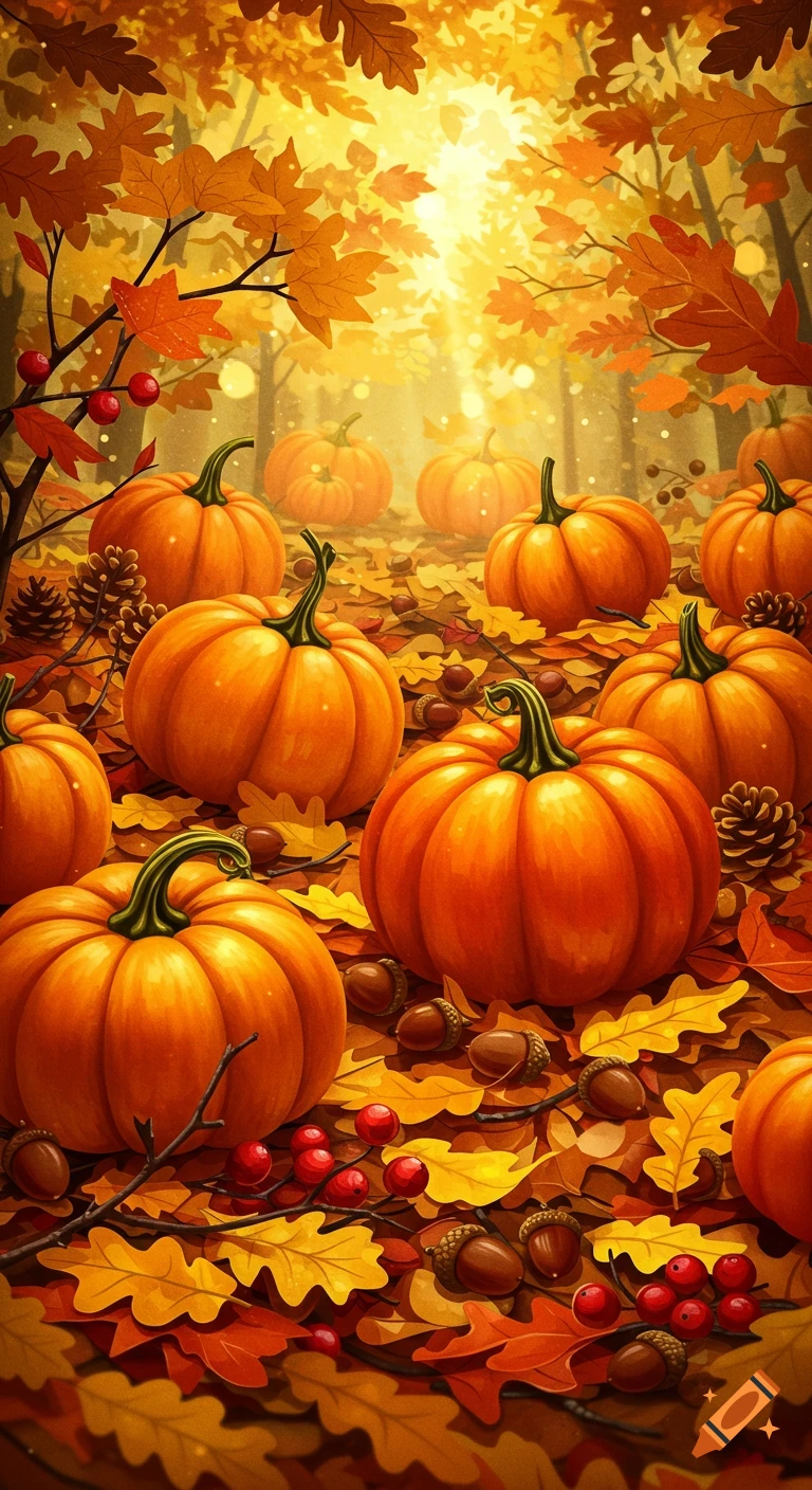 An autumnal forest floor covered with vibrant orange and yellow leaves, numerous pumpkins of various sizes, acorns, pinecones, and red berries, bathed in warm golden light filtering through trees.