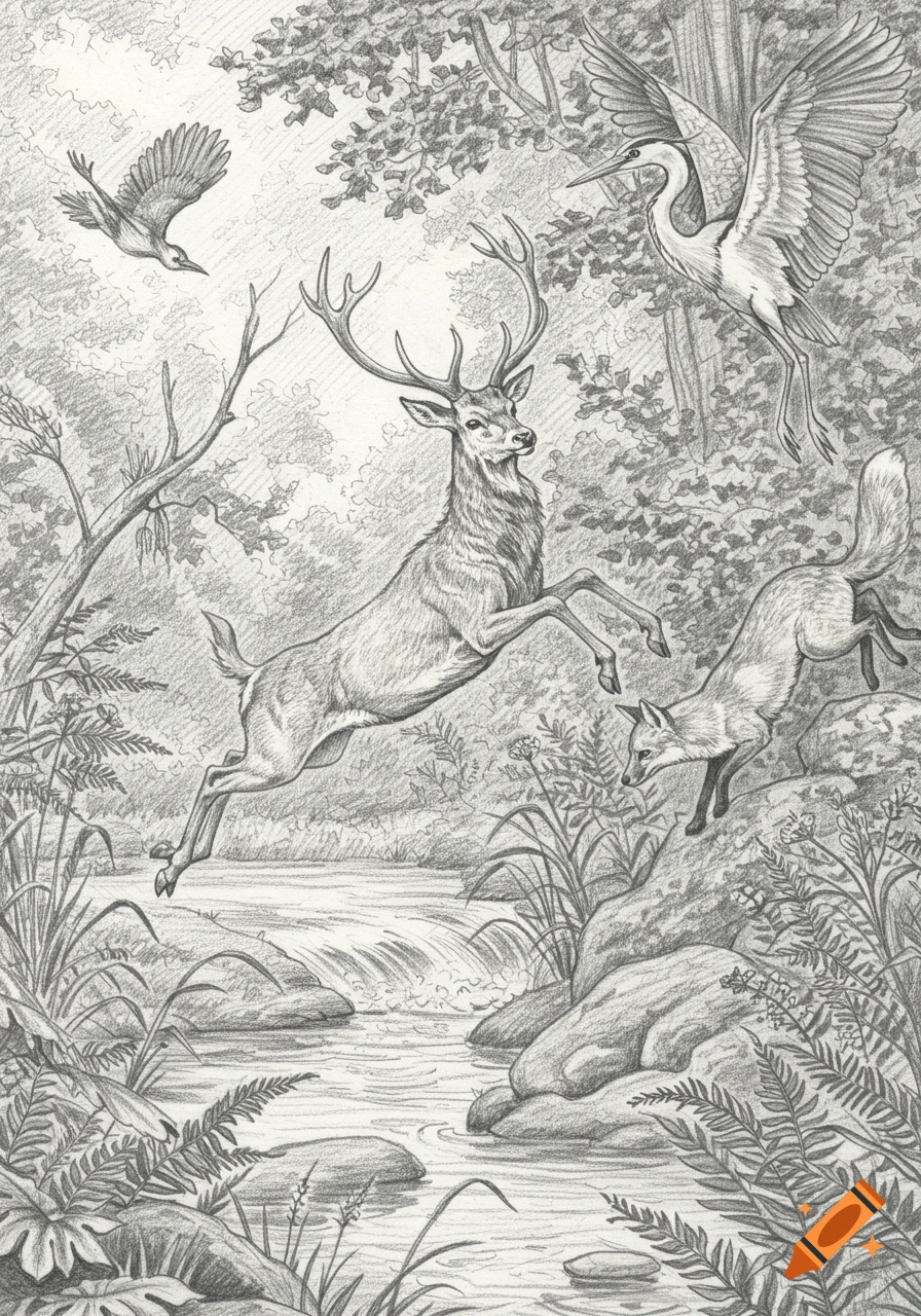 Detailed pencil drawing of a deer leaping over a stream with a fox on rocks and two birds flying in a dense forest.