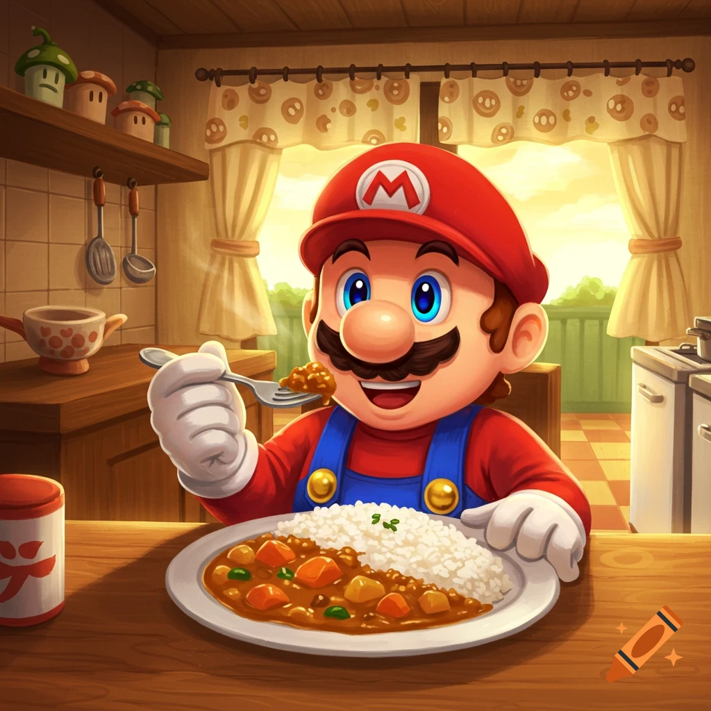Cartoon Mario happily eating a plate of curry rice with a fork in a warm, rustic kitchen setting.