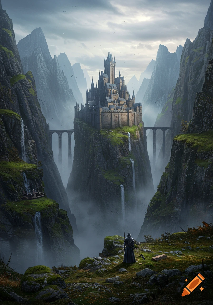 A lone robed figure stands on a mossy cliff overlooking a grand castle on a tall peak amidst foggy, misty mountains and waterfalls.