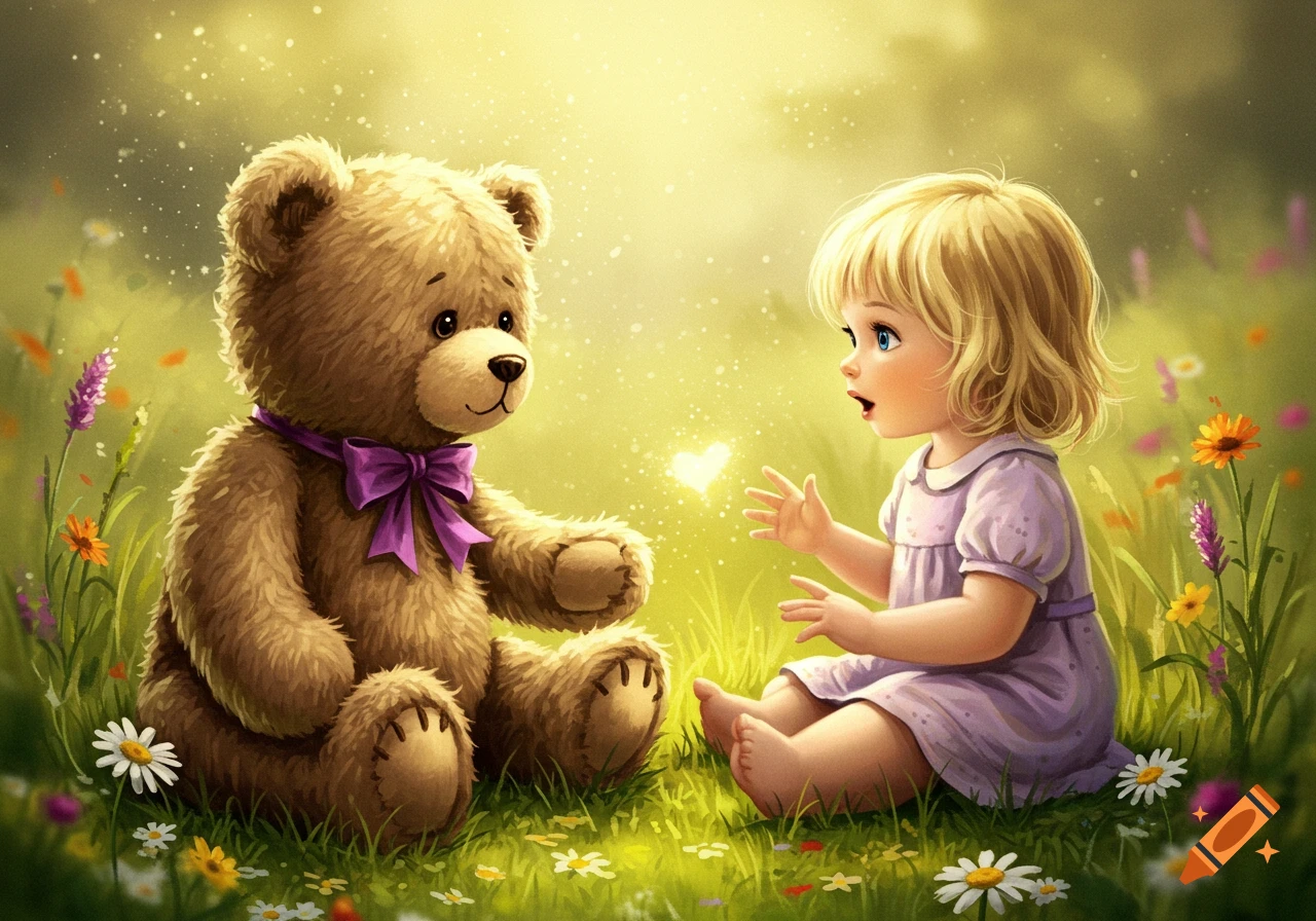A whimsical illustration of a blonde little girl in a purple dress talking to a teddy bear with a purple bow, sitting in a sunny field with flowers.