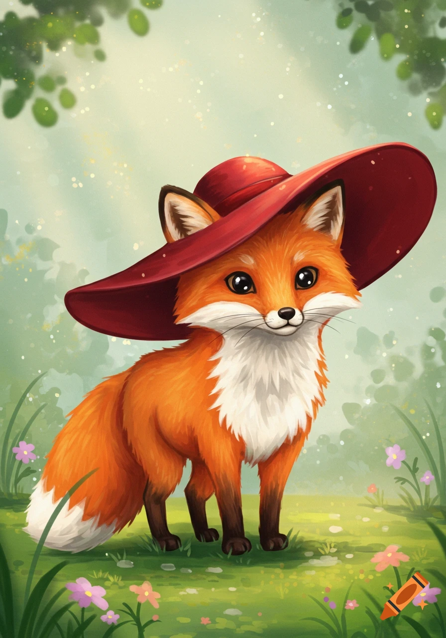 A cute cartoon fox with fluffy white fur and a large red hat stands in a vibrant green meadow with colorful flowers.