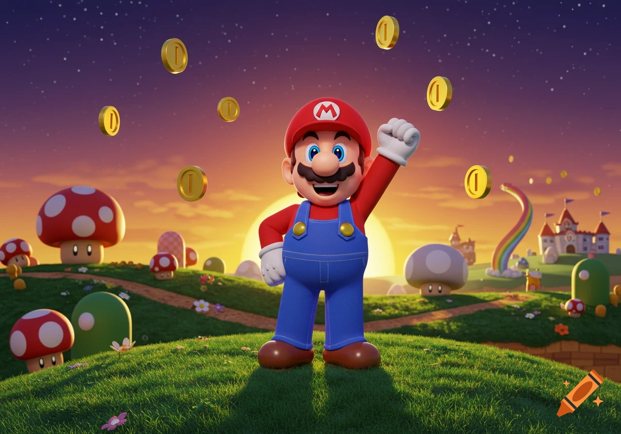 Mario raises a fist on a green hill with red mushrooms, a castle, and a rainbow under a vibrant sunset with floating golden coins.