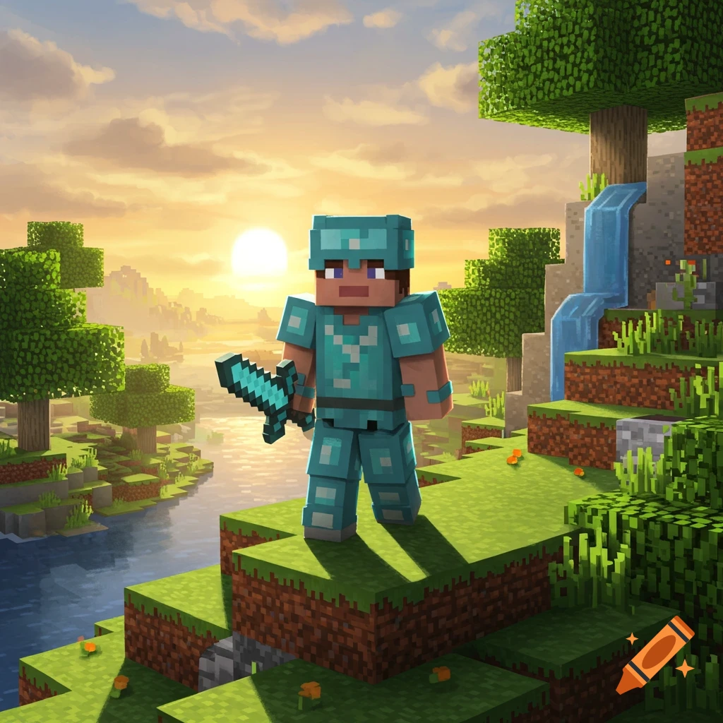 A Minecraft character in blue diamond armor holding a sword stands on a grassy block near a river and waterfall at sunset.