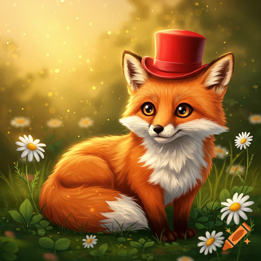 A cute, stylized fox wearing a red top hat sits in a sunny, grassy field with white daisies.