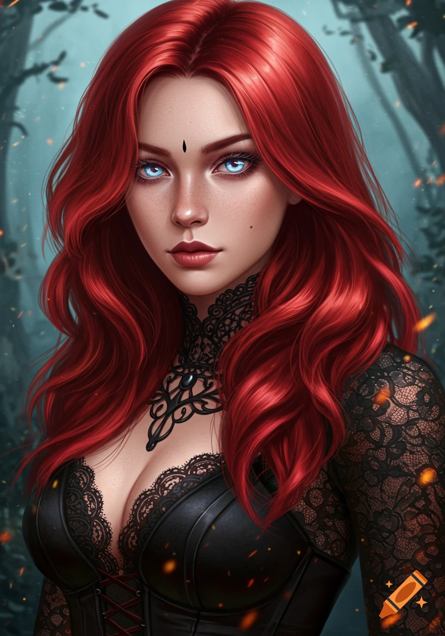 A fantasy portrait of a woman with long red hair, glowing blue eyes, and freckles, in a black lace and leather corset, against a misty, dark forest background.