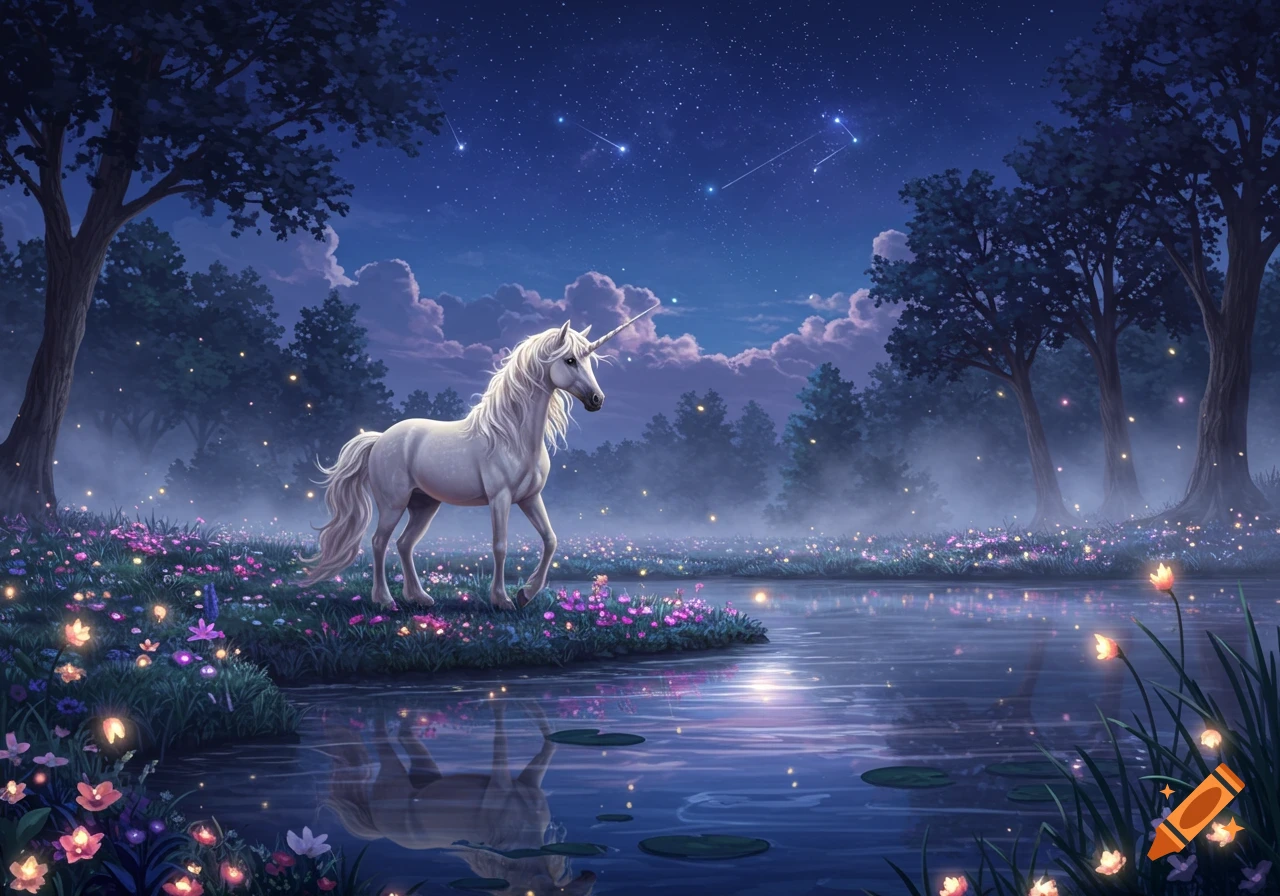 A majestic white unicorn stands on the bank of a glowing lake, surrounded by luminous flowers and trees under a starry night sky.