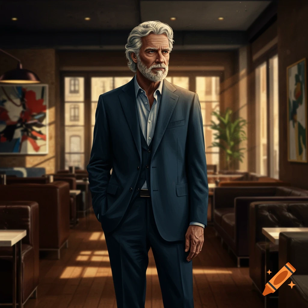 A distinguished older man with gray hair and a beard stands in a dimly lit restaurant wearing a dark suit.
