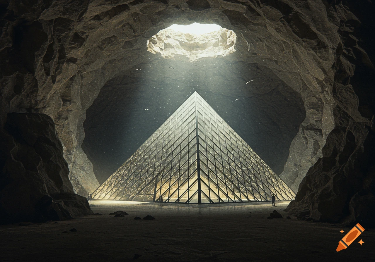 A large, modern glass pyramid within a vast, dark cave, illuminated by a beam of light from an opening above.