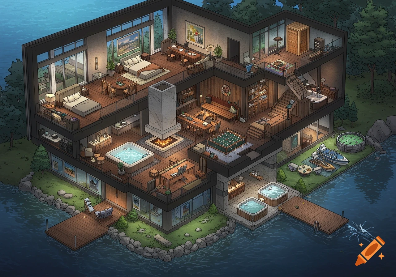 Isometric illustration of a luxurious multi-story lakeside house with many rooms, jacuzzis, boats, and terraces.