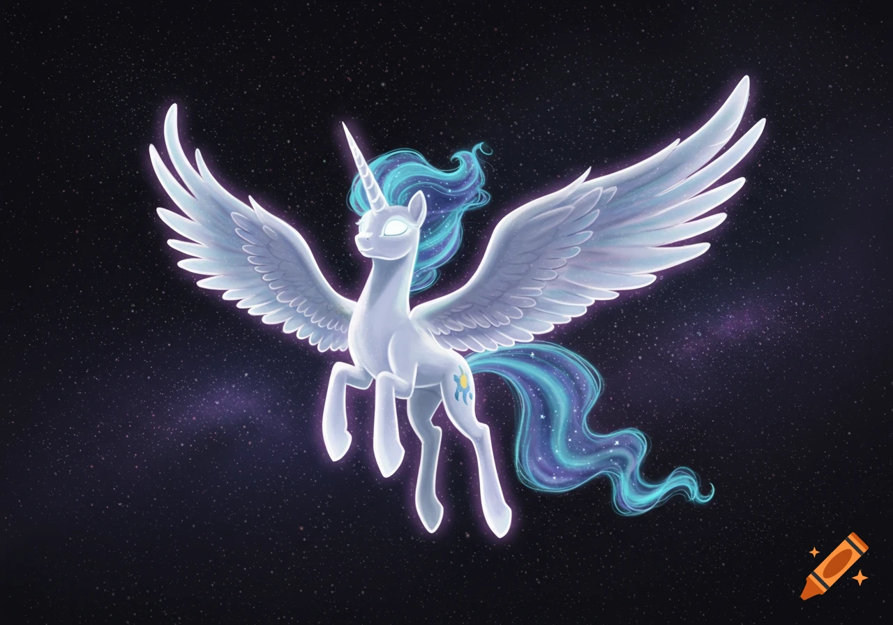 Ethereal alicorn with glowing white body, blue mane, and wings floating among stars in a digital painting.