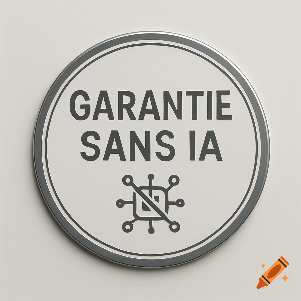 A circular badge with a silver metallic rim on a light background. The badge is white with the text 'GARANTIE SANS IA' in dark grey, and a crossed-out microchip symbol below it.