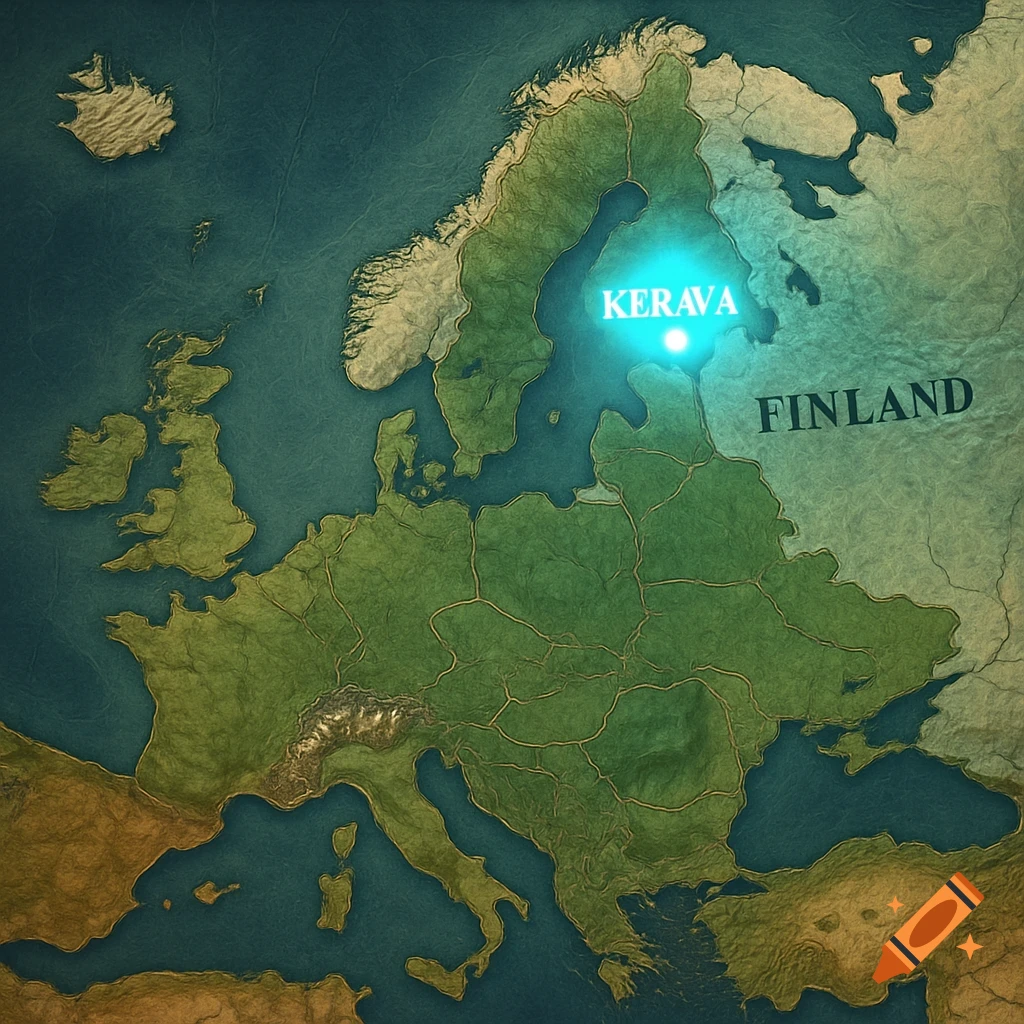 A textured map of Europe with Kerava highlighted in Finland, showing country borders.