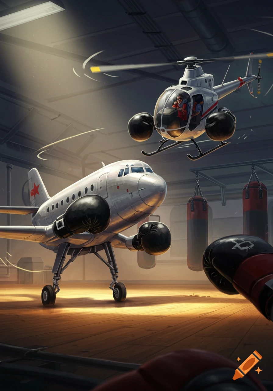 A humorous semi-realistic illustration of an airplane and a helicopter boxing in a modern gym, complete with punching bags.