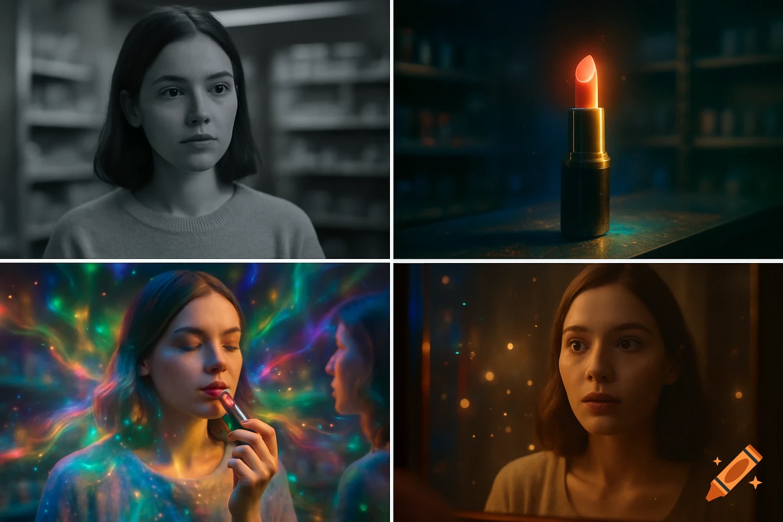 A four-panel collage featuring a young woman and a magical lipstick, with scenes in grayscale, glowing makeup, and colorful light effects.