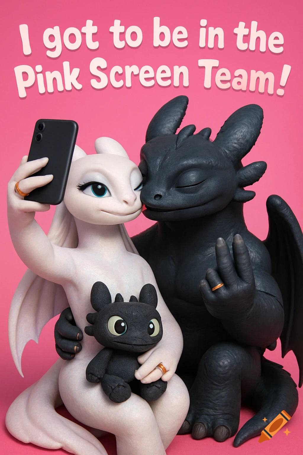 3D rendered Light Fury takes a selfie with Toothless kissing her, both wearing rings, holding a baby Toothless plush, on a pink background.