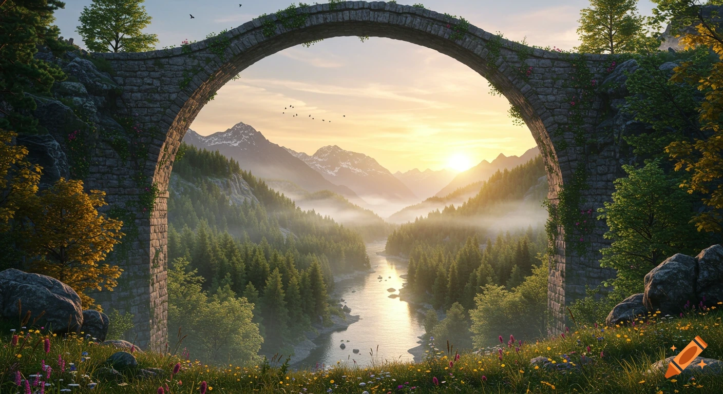 Photorealistic ancient stone bridge arching over a misty river valley, framed by mountains at a golden sunset.