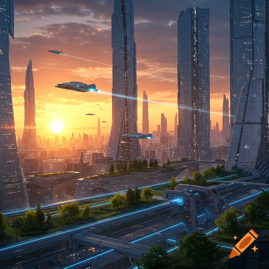 A vibrant futuristic cityscape at sunrise with tall skyscrapers and flying vehicles soaring through the orange sky.