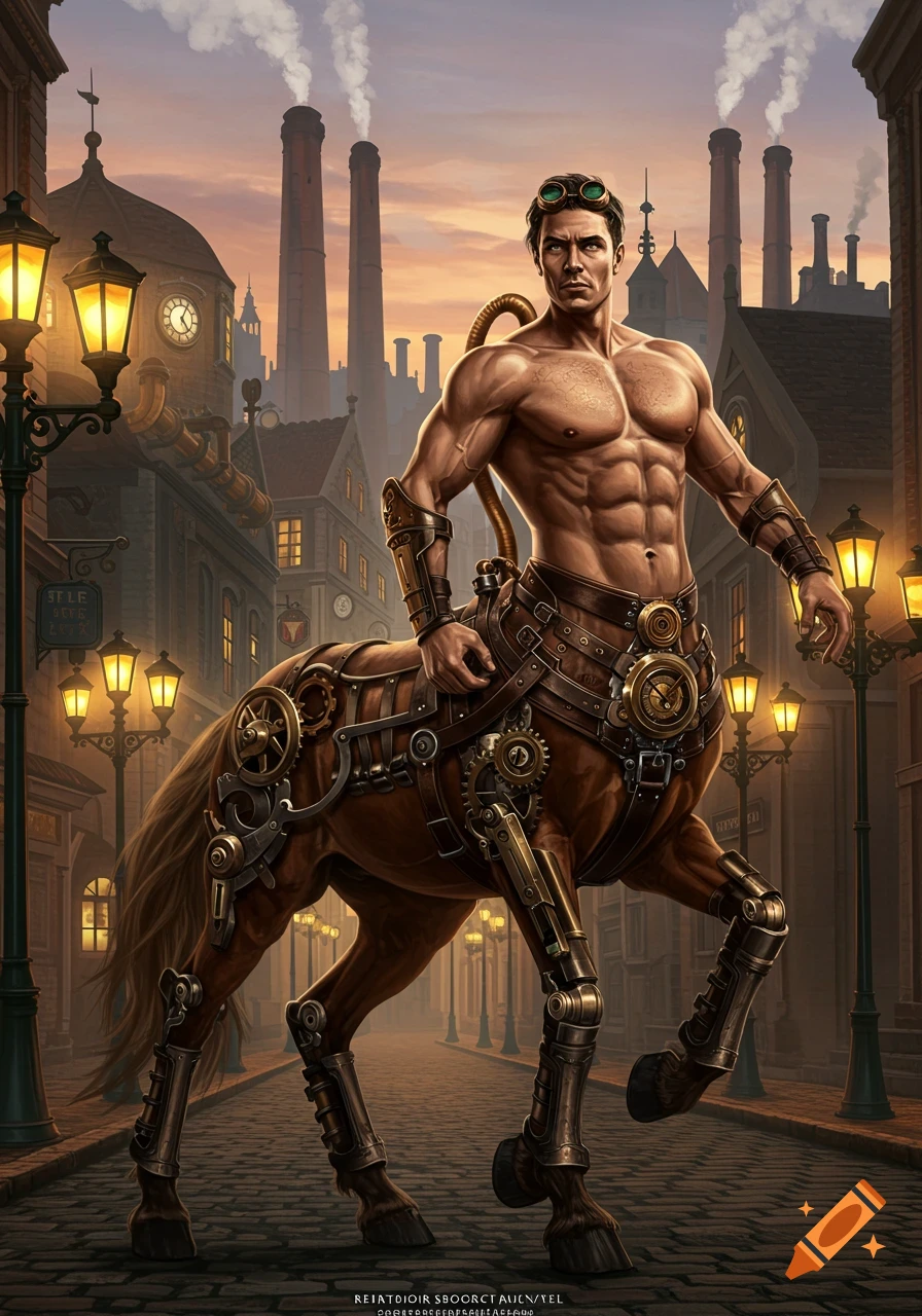 Muscular, shirtless centaur with steampunk armor stands in a cobblestone street of a steampunk town at dusk.