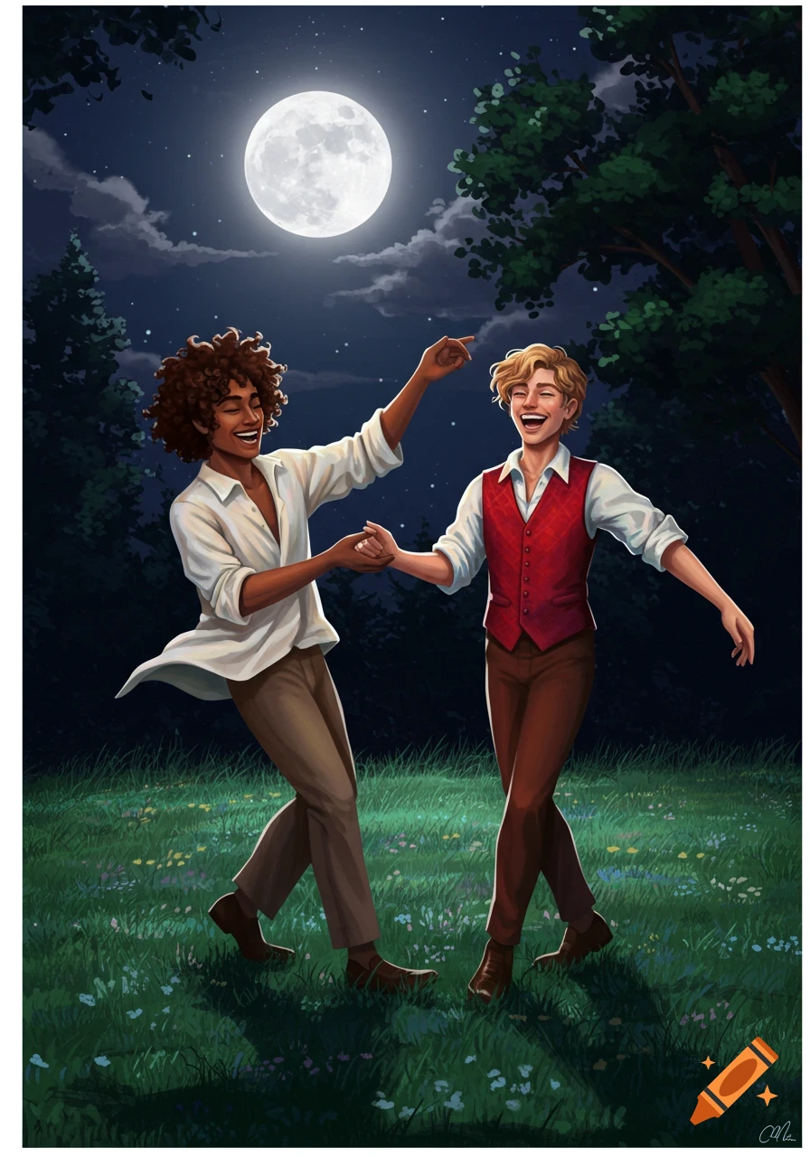 Two happy illustrated men dance under a full moon in a grassy field at night, trees silhouetted in the background.