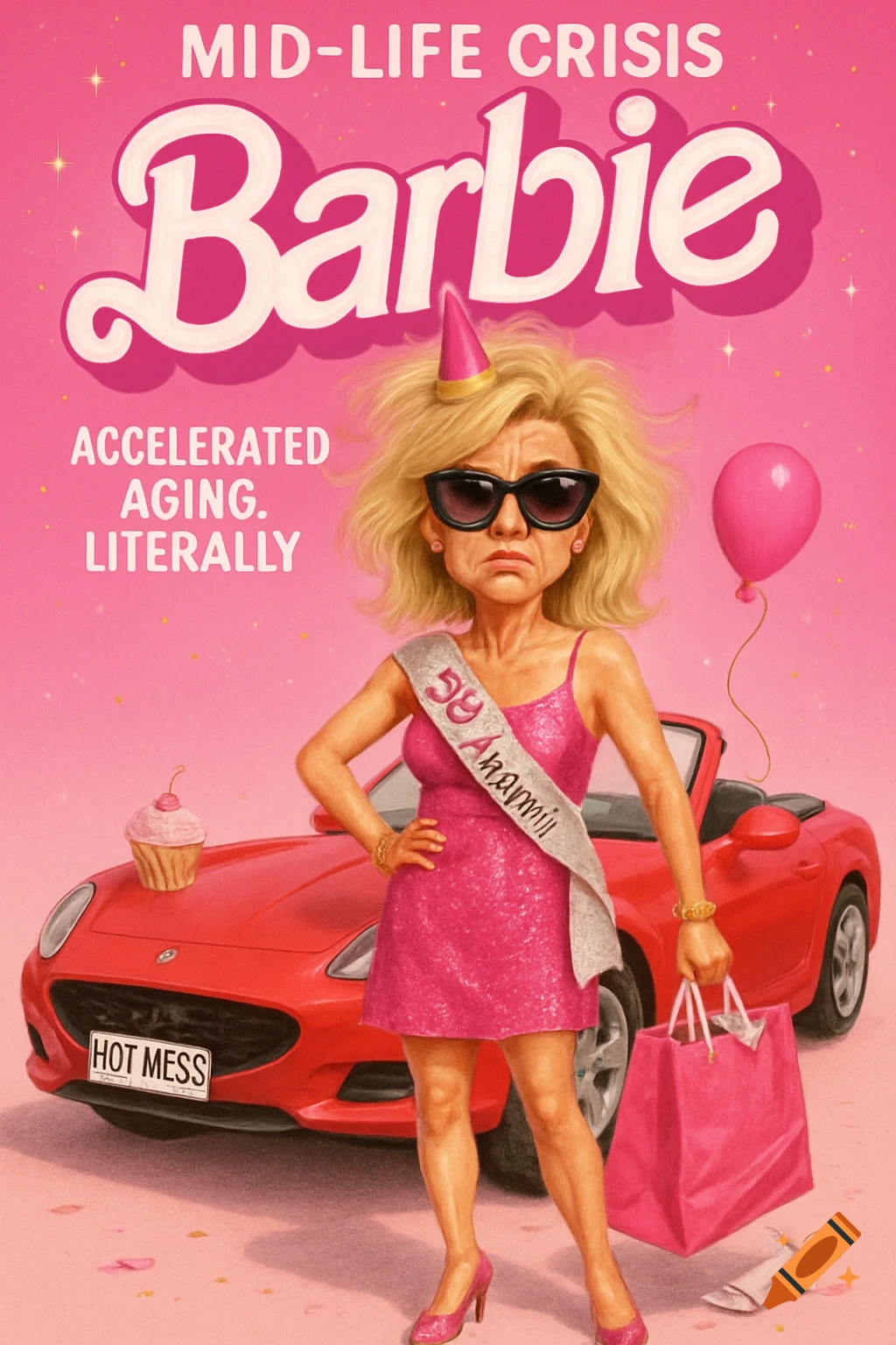 A satirical illustration of "Mid-Life Crisis Barbie" as an older woman in a pink dress, sunglasses, and party hat, next to a red convertible with a "HOT MESS" license plate. There's a cupcake on the car and a deflated balloon. The main text reads "MID-LIFE CRISIS Barbie ACCELERATED AGING. LITERALLY."