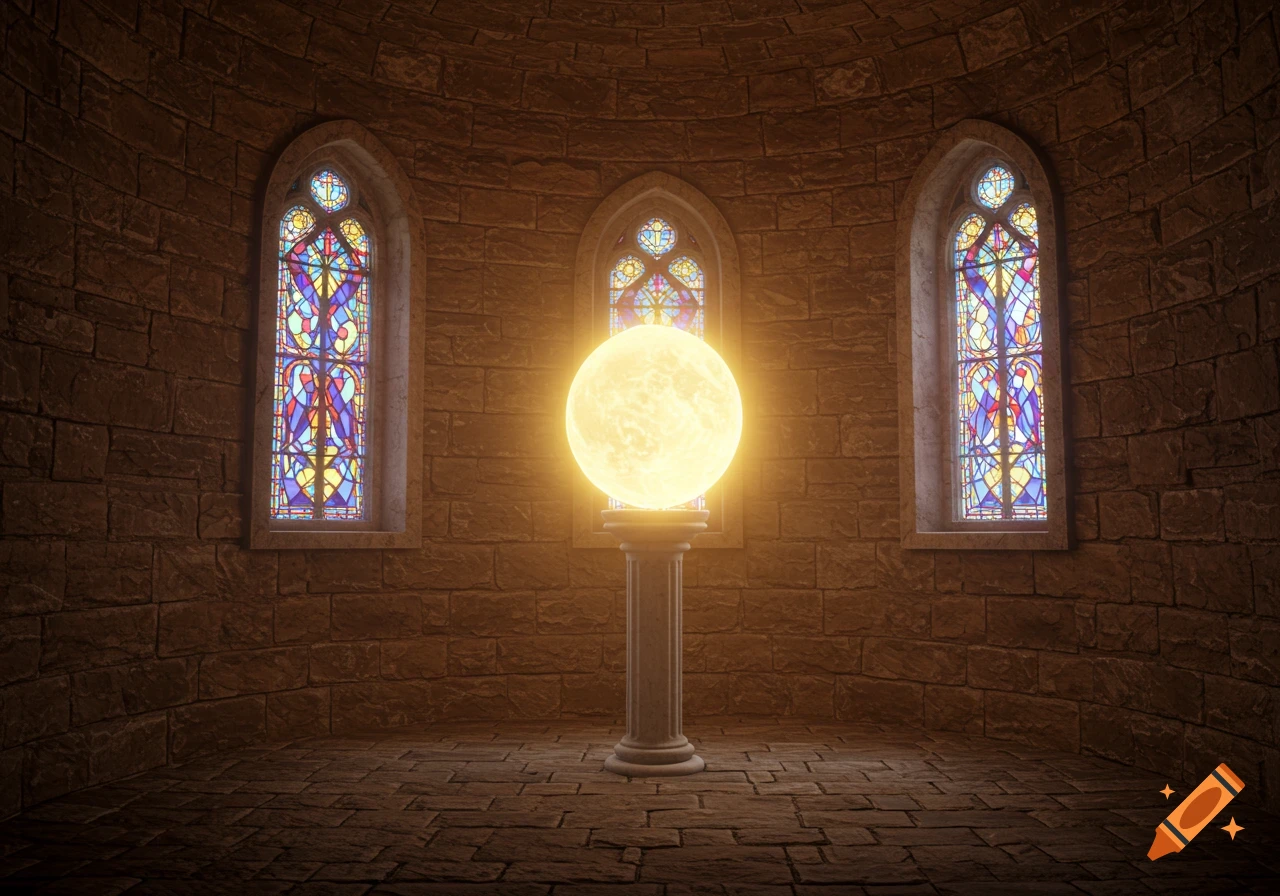 A glowing orb on a white pedestal in a dark, circular stone room with three colorful stained glass windows, photorealistic.