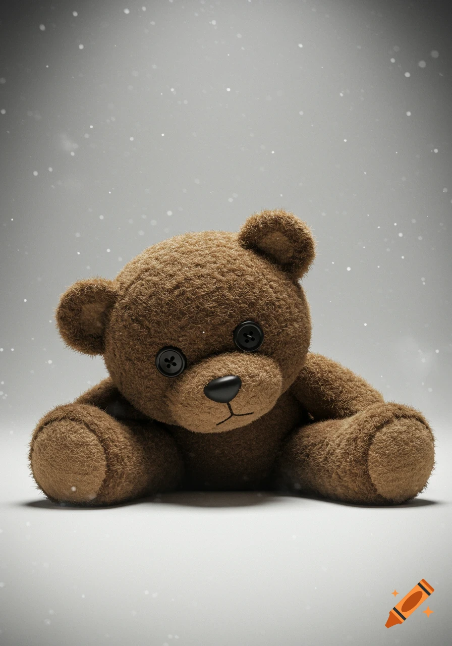 A brown teddy bear with button eyes and nose lies on a light gray background with faint white specks, creating an eerie, mysterious mood.